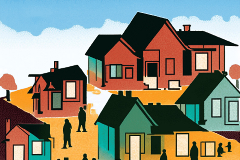 Illustration of several cute houses on a hillside with blue sky above