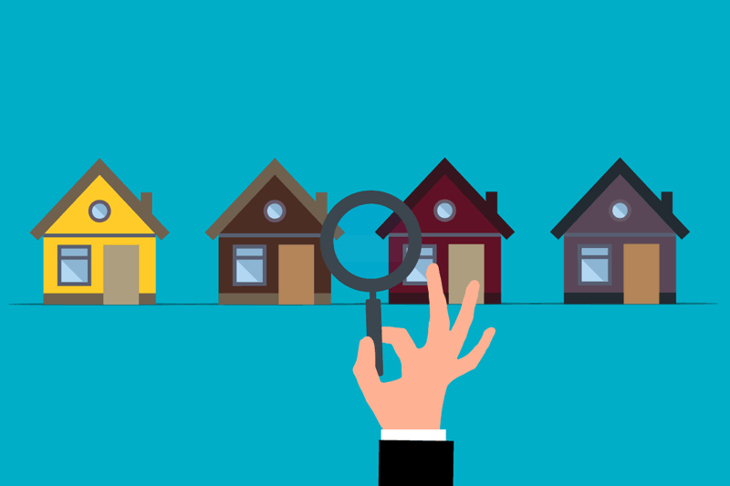HOUSES IN ROW BEING SCRUTINIZED WITH A MAGNIFYING GLASS IN A CARTOON-LIKE ILLUSTRATION VECTOR STYLE OF all solid colors