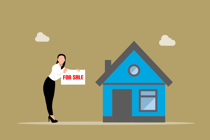 Flat-color illustration of What a Realtor Can Do as a woman or realtor holds a For Sale sign next to a simple house