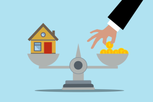 Simple illustration a scale with coins on one side and a house on the other that represents saving money for a down payment on a house and the idea of wealth-building homeownership