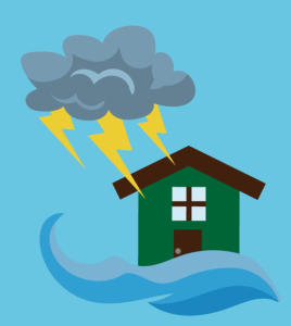 Lightning storm and clouds above a simple house and waves in front of house. Flat color vector illustration.