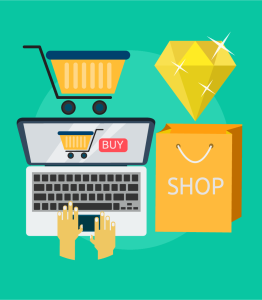 Housing market newsletter illustration of hands on laptop computer with shopping cart on screen and icons depicting a shopping cart, and gem, and a shopping bag adjacent to the laptop