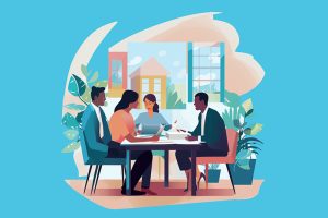 Image of a couple meeting with a realtor and a banker to close on their first home purchase for a blog post titled Navigating Your First Home Purchase