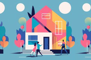 Sell My Home First article illustration blue sky 3 people one with a box moving into house