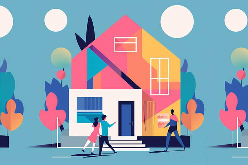 Illustration of curb appeal and how to Sell My Home with blue sky showing First-Time Homebuyer people and a realtor, one with a box moving into house