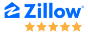 Zillow website logo with 5 gold stars for mortgage lender customer reviews