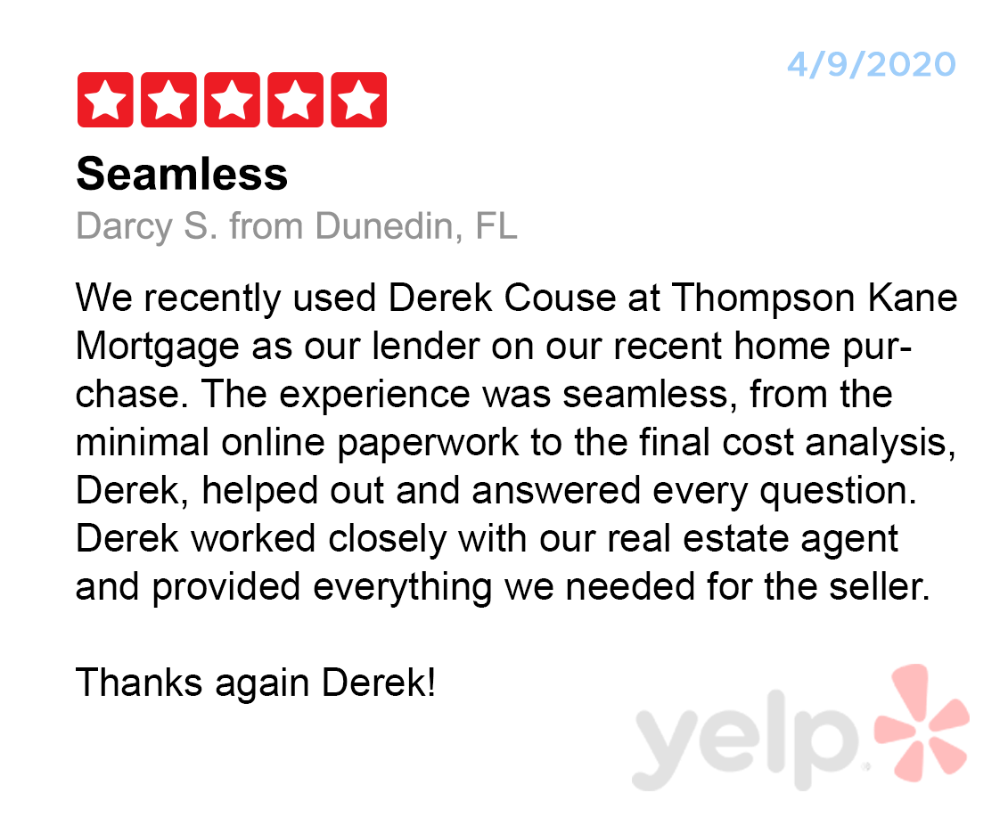 Yelp Mortgage Lender Review for thompson kane & Company five stars for Derek Couse in Denver