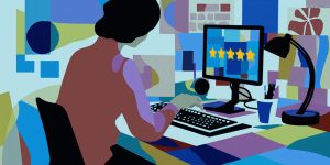 A dark-haired woman sitting at a computer that has five 5 stars on the screen colorful room mortgage lender reviews illustration