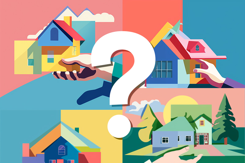 Colorful illustration of four houses for blog post about buying a foreclosed home