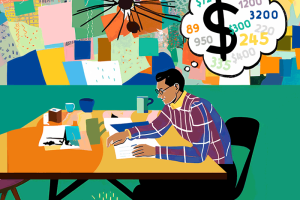 Drawing of a man at kitchen table with thought bubble full of numbers and dollar signs for a Guide to Home Ownership Expenses and Financial Preparation for Homeownership