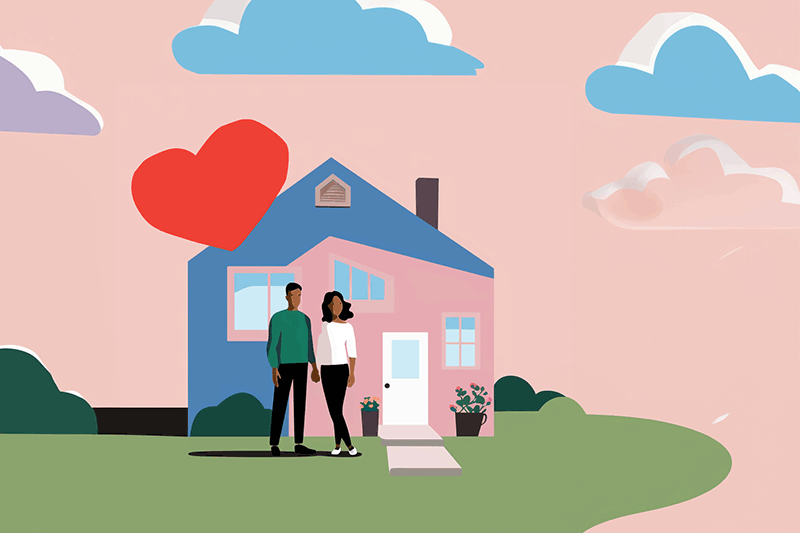 Colorful vector illustration of a younger couple in front of house with big heart floating above for article about mortgage insurance PMI