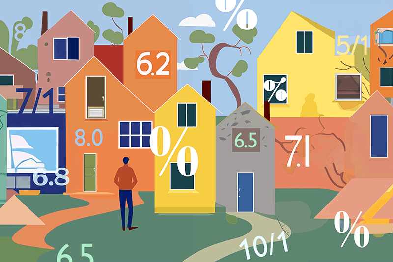 Man looking at several houses surrounded by interest rate percentage numbers for article on Understanding Today's Mortgage Rates: What Homebuyers Need to Know