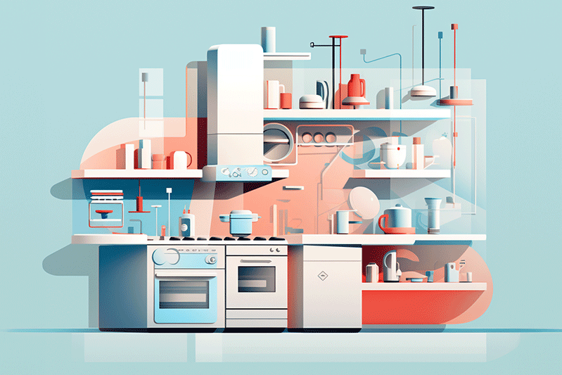 A modern style kitchen illustration in soft colors for a blog article about future home living trends feature 6 key trends