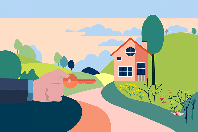 Colorful vector illustration of a hand with a key pointing towards a house with hills for blog article about how to save for a home down payment
