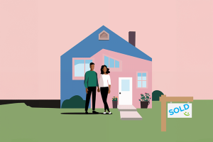 A couple of first-time homebuyers STANDING IN FRONT OF THEIR NEW HOME with a sold sign in front.