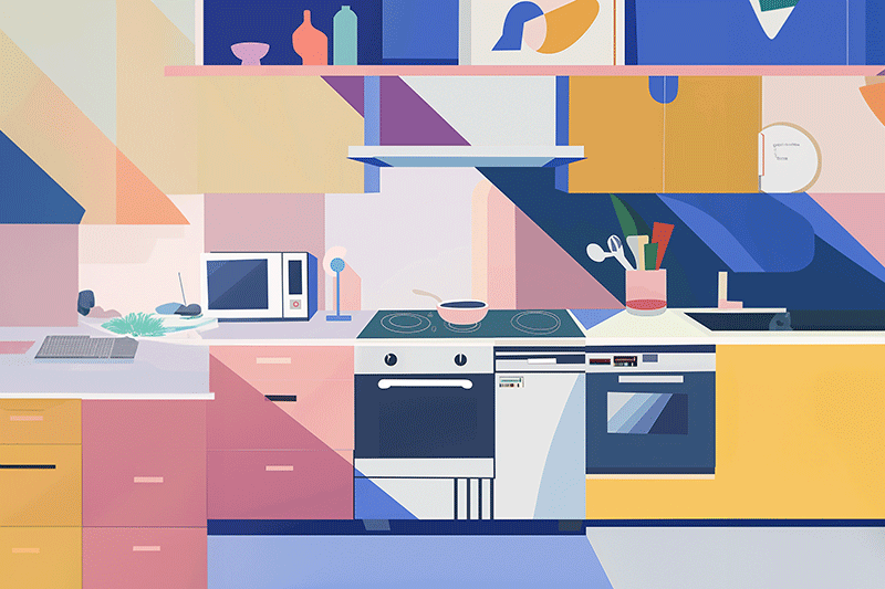 Vector illustration colorful rendering of technology in the kitchen theme for Home Design Trends for 2024 article