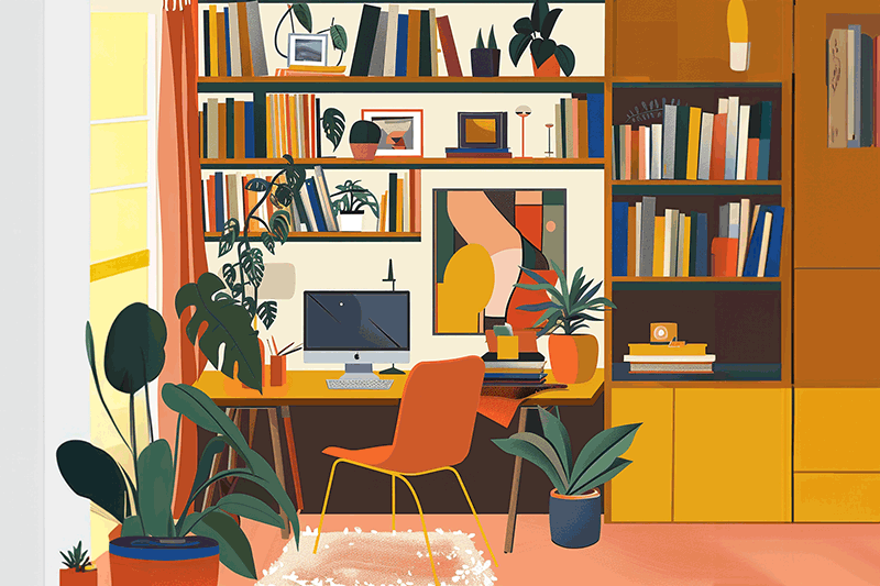 setting up a home office illustration of an office with chair and computer and built-un shelving