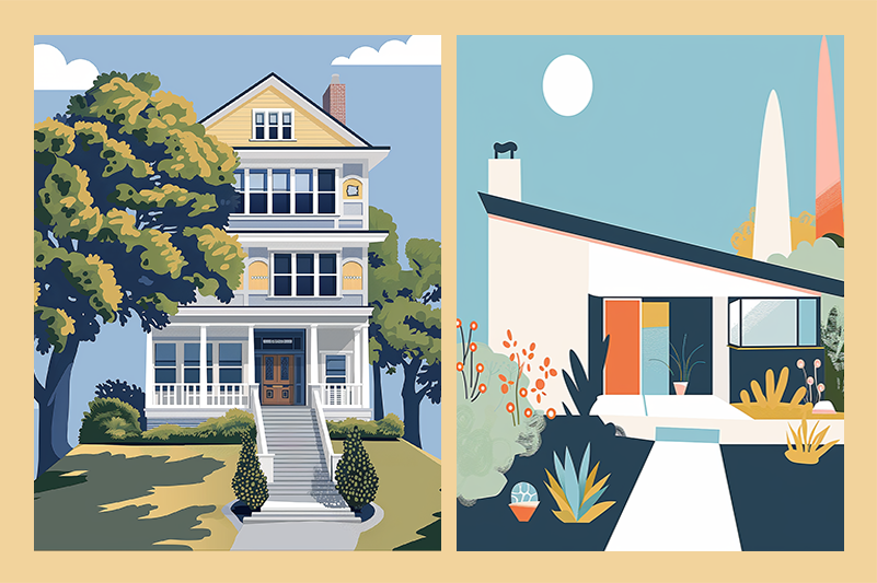 Graphic illustration of a big fancy house and a chic smaller house for an article about The Upsides of Downsizing to a smaller home.