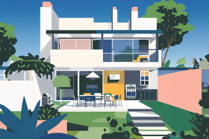Colorful illustration of a 2-story suburban home with outdoor dining and kitchen spaces for article outdoor living and design trends in 2024