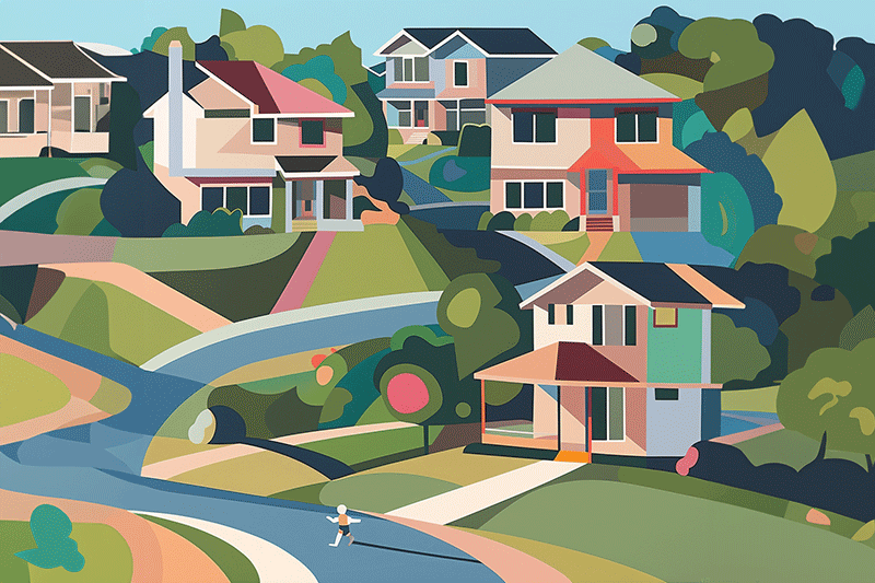 Colorful illustration of a suburb with nice houses for article on remote work and the home office