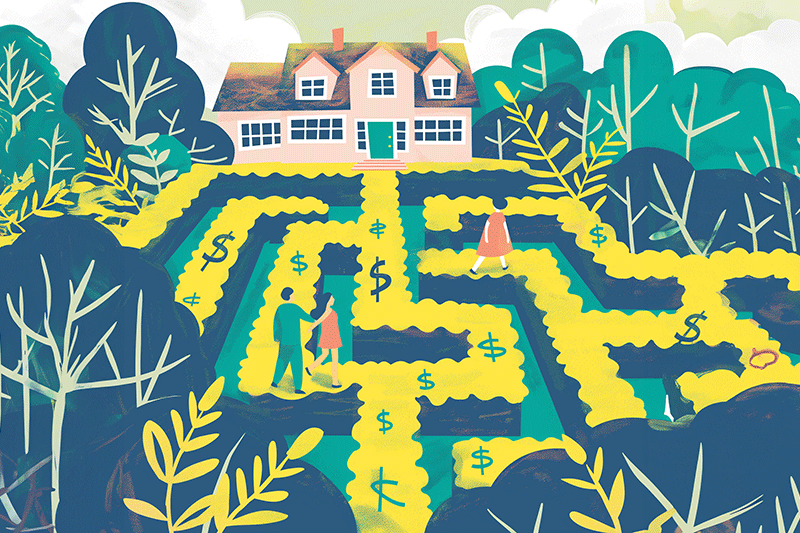 Challenging Housing Market illustrated with a maze labyrinth leading a family to a house for article on improving Credit Scores for Homebuyers