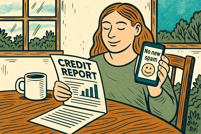 Illustration in a woodcut style of woman at table smiling with good credit report in one hand and a smart phone in the other for article titled 5 Common Credit Offer Tactics — and How to Protect Yourself