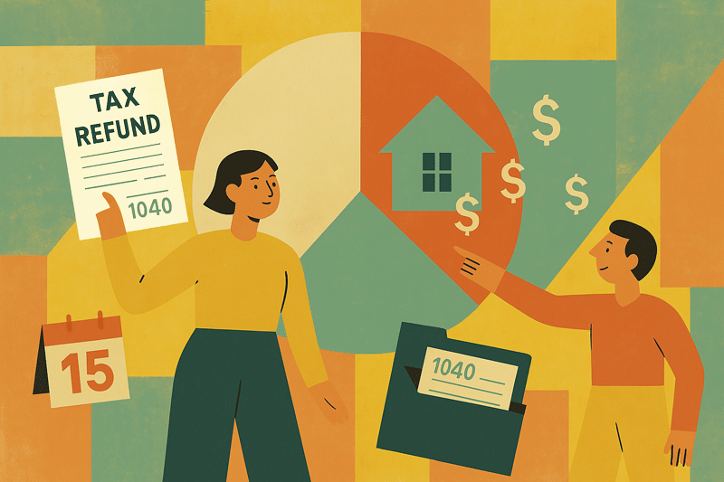 Illustration of 2 people with tax return for article on Tax Refund for Home Buying