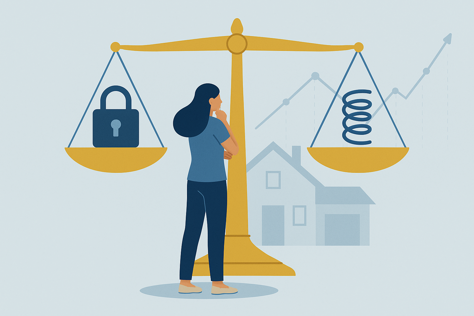 Illustration of a Woman looking at scale with lock on one side spring on other side house in background for article on How Your Loan Choices Adapt to Shifting Interest Rates