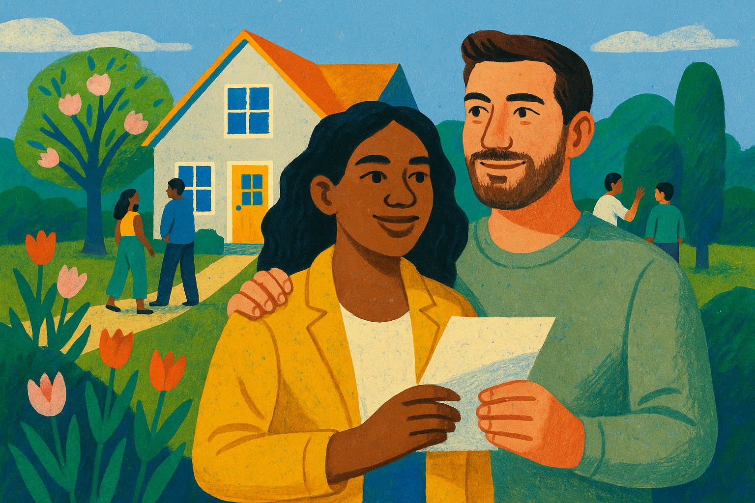 Illustration of couple looking happy at open house for article on Competitive Spring Housing Market Tips | Thompson Kane