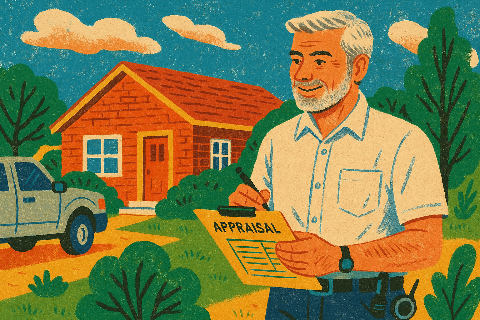 Illustration of a savvy home appraiser for an article on home appraisal for buyers in 2025