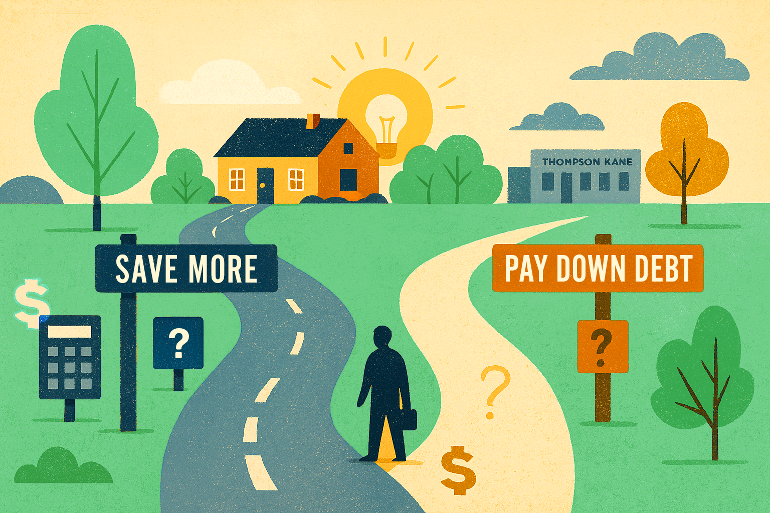 Illustration of person at a fork in the road deciding between: Should I Pay Off Debt Before Buying a House and Saving more money for down payment or other home needs