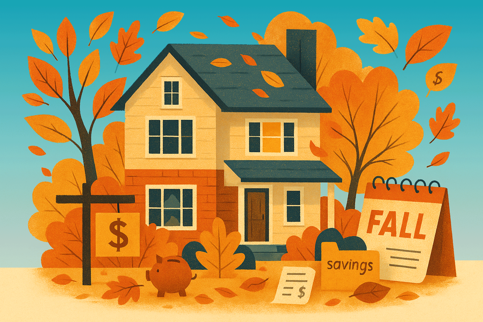 Buying a Home in the Fall: What Buyers Should Know with an illustration of a home surrounded by warm fall colors, blue sky, a sign for sale piggy bank and calendar