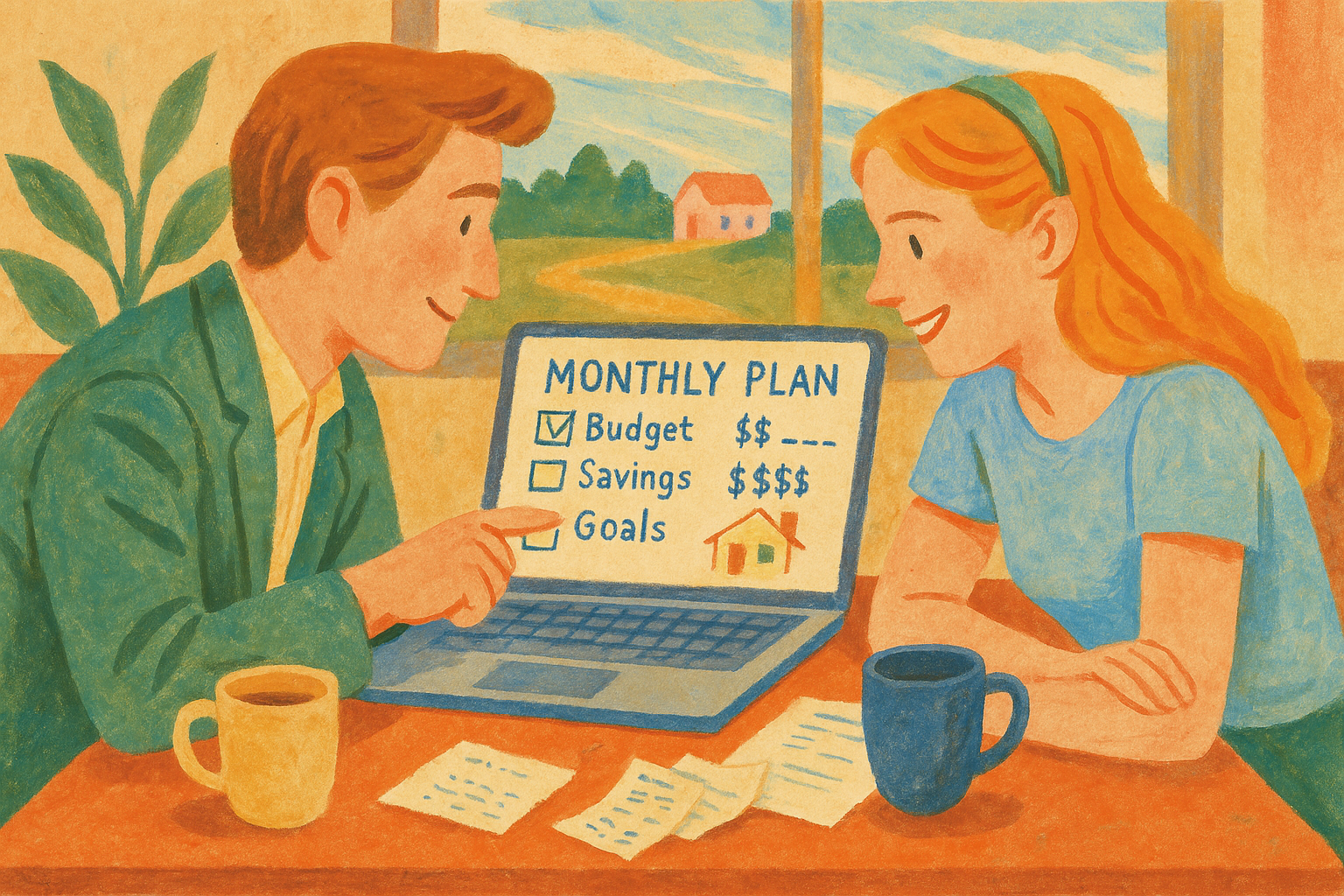 A cheerful couple sits together in a cozy café, reviewing their homebuying budget plan on a laptop. The hand-painted gouache-style illustration features loose brushwork, warm colors, and a friendly tone, visually representing the concept of budgeting for a home in 2025 during an inflationary economy.