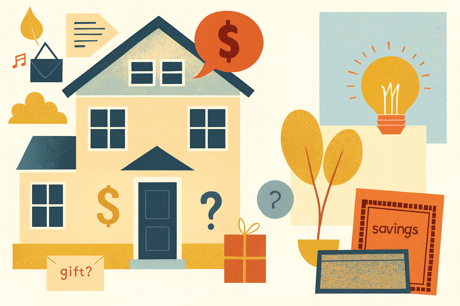 Illustration collage that expresses using gift funds from family for a down payment on a home